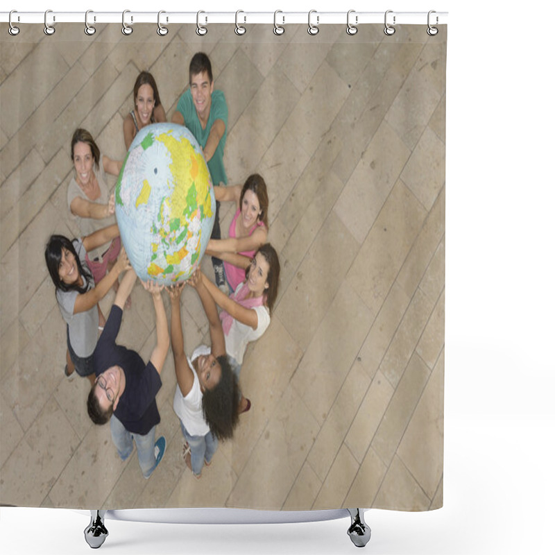 Personality  Multiracial Group Of Holding The Earth Globe Shower Curtains