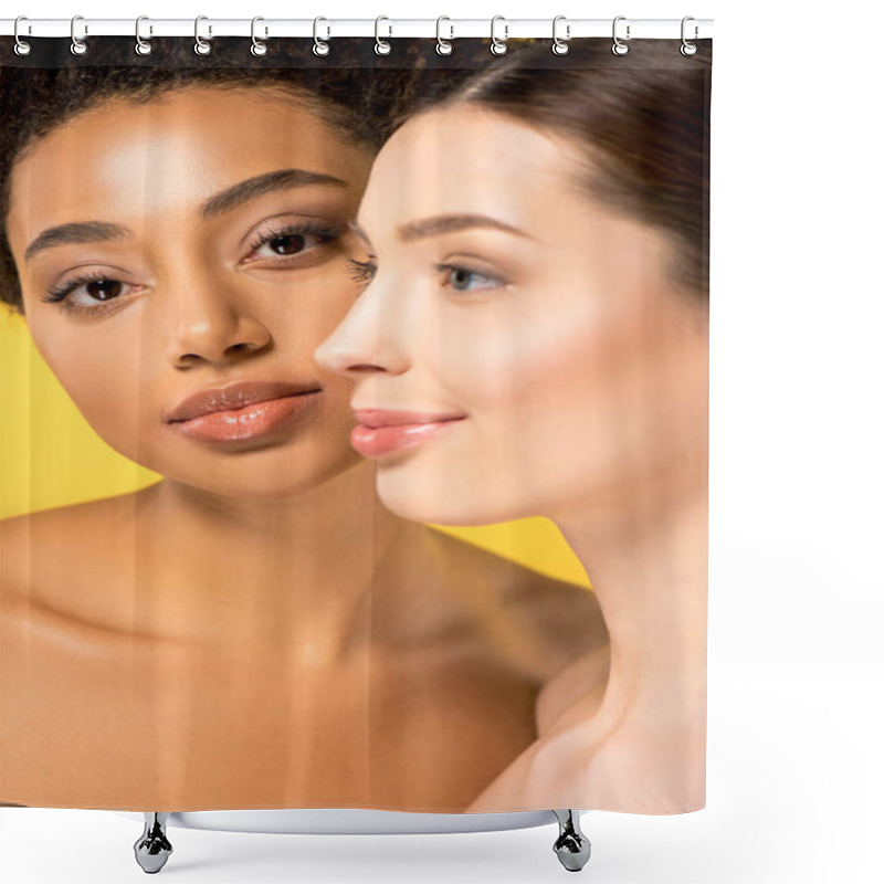 Personality  Portrait Of Naked Multicultural Girls With Perfect Skin, Isolated On Yellow Shower Curtains