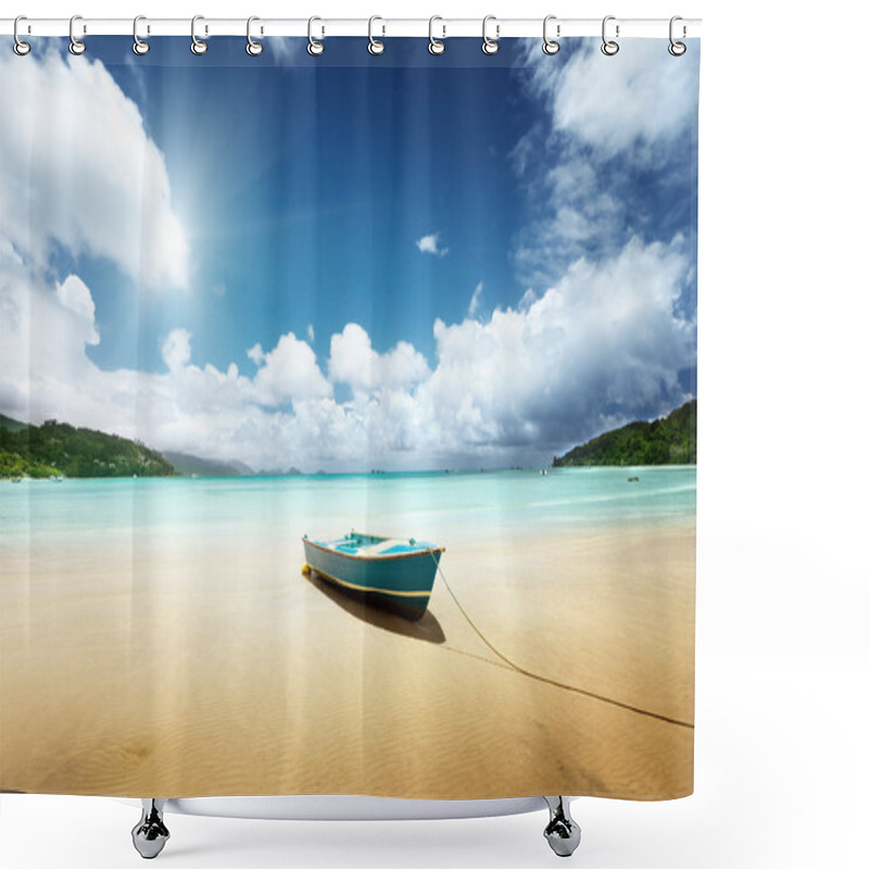 Personality  Boat On Beach Mahe Island, Seychelles Shower Curtains