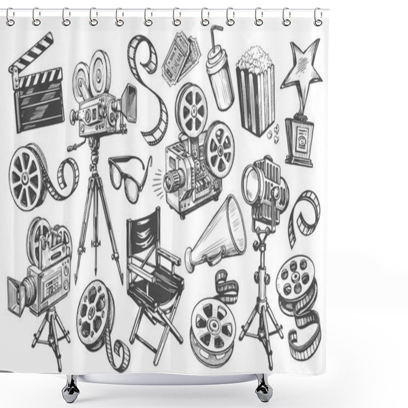 Personality  Cinema Set In Sketch Style. Making Movie, Film Screening, Tv, Video Concept. Hand Drawn Vintage Vector Illustration Shower Curtains