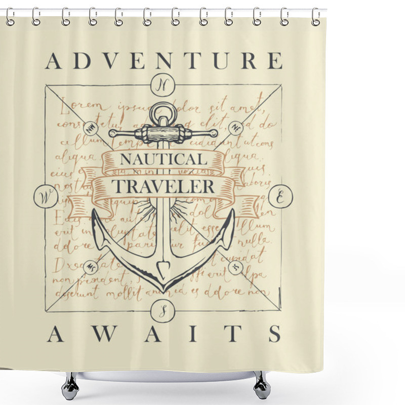 Personality  Vector Banner With A Ship Anchor And Ribbons With Words Adventure Awaits. Illustration On The Theme Of Travel, Adventure And Discovery On The Background Of Handwritten Text Lorem Ipsum In Retro Style Shower Curtains