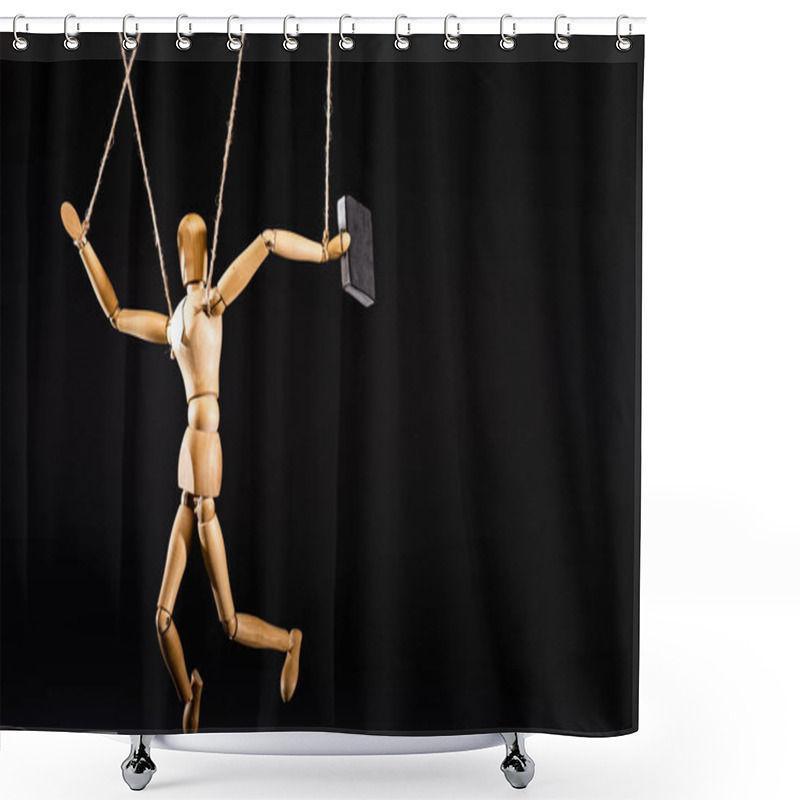 Personality  Wooden Marionette On Strings With Suitcase Isolated On Black Shower Curtains