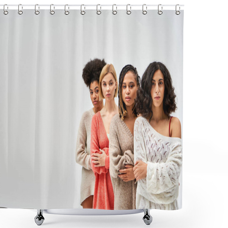 Personality  Multiethnic Group Of Women In Stylish Knitted Sweaters Crossing Arms And Looking At Camera Isolated On Grey, Different Body Types And Self-acceptance, Multicultural Representation, Copy Space Shower Curtains