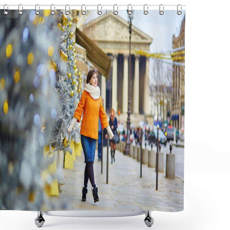 Personality  Happy Young Tourist In Paris On A Winter Day Shower Curtains