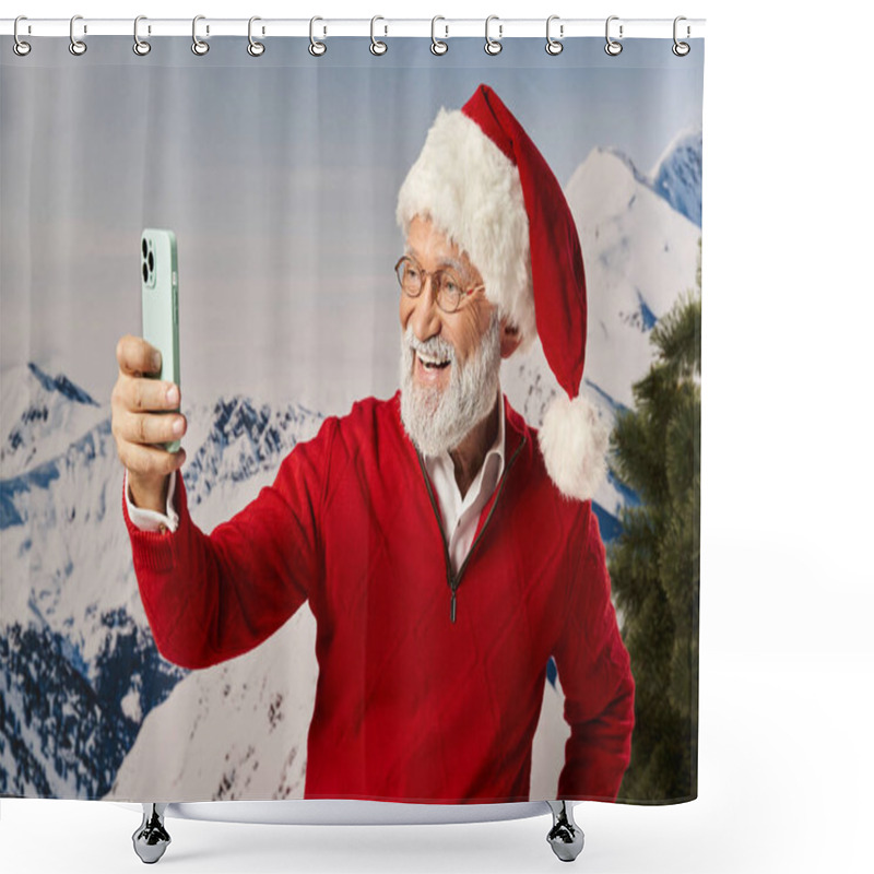 Personality  Happy Man Dressed As Santa Wearing Glasses And Taking Selfie With Mountain Backdrop, Winter Concept Shower Curtains