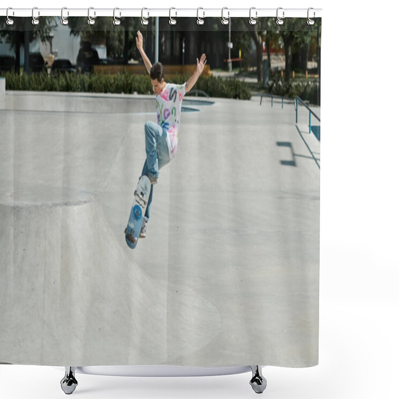 Personality  A Young Man Defies Gravity As He Skillfully Rides His Skateboard Up The Ramp In A Vibrant Outdoor Skate Park On A Summer Day. Shower Curtains