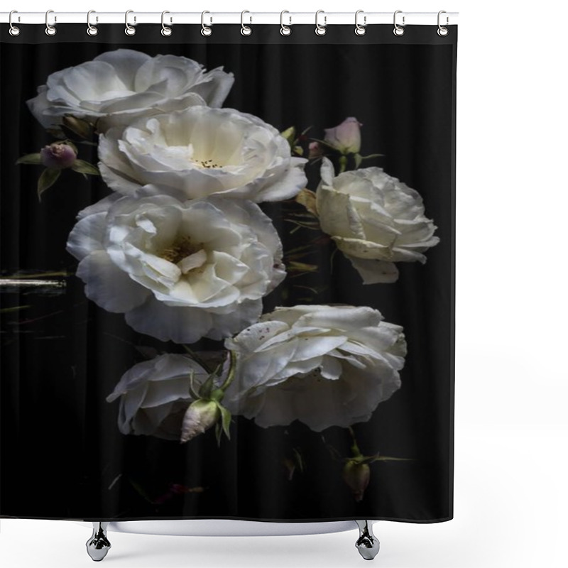 Personality  A Vertical Shot Of White Garden Roses In The Dark Shower Curtains