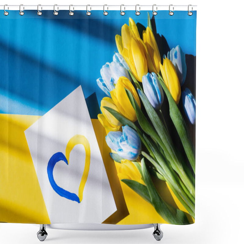 Personality  Top View Of Card With Painted Heart Sign Near Blue And Yellow Tulips On Ukrainian Flag Shower Curtains