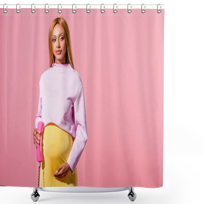 Personality  Attractive, Pregnant African American Woman Holding Handset Isolated On Pink, Fashion Doll Concept Shower Curtains