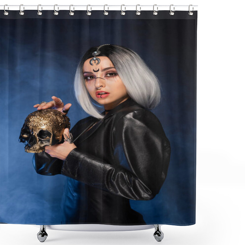 Personality  Ash Blonde Woman In Halloween Makeup And Leather Jacket Holding Golden Skull On Black Background With Blue Smoke Shower Curtains