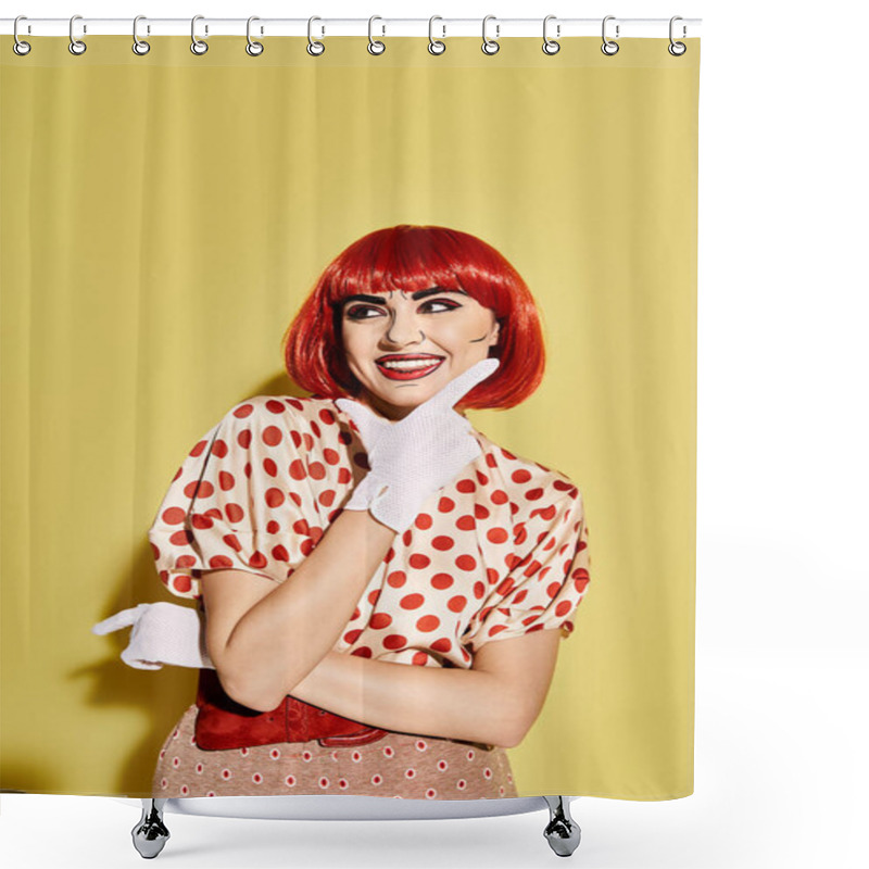 Personality  A Stunning Redhead Adorned In A Polka Dot Dress With Pop Art Makeup, Exuding Playful And Vibrant Energy Against A Yellow Backdrop. Shower Curtains