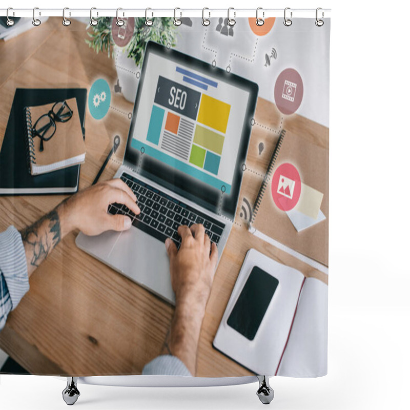 Personality  Cropped Shot Of Developer Using Laptop With SEO Icons At Workplace Shower Curtains