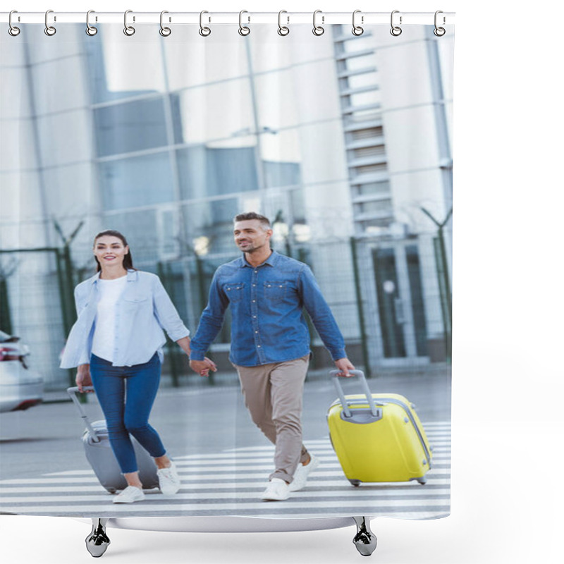 Personality  Smiling Couple Of Tourists Crossing Pedestrian, Holding Hands, Pulling Their Luggage  Shower Curtains