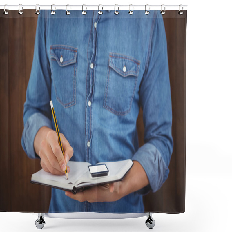 Personality  Mid Section Of Hipster With Mobile Phone Writing On Book Shower Curtains