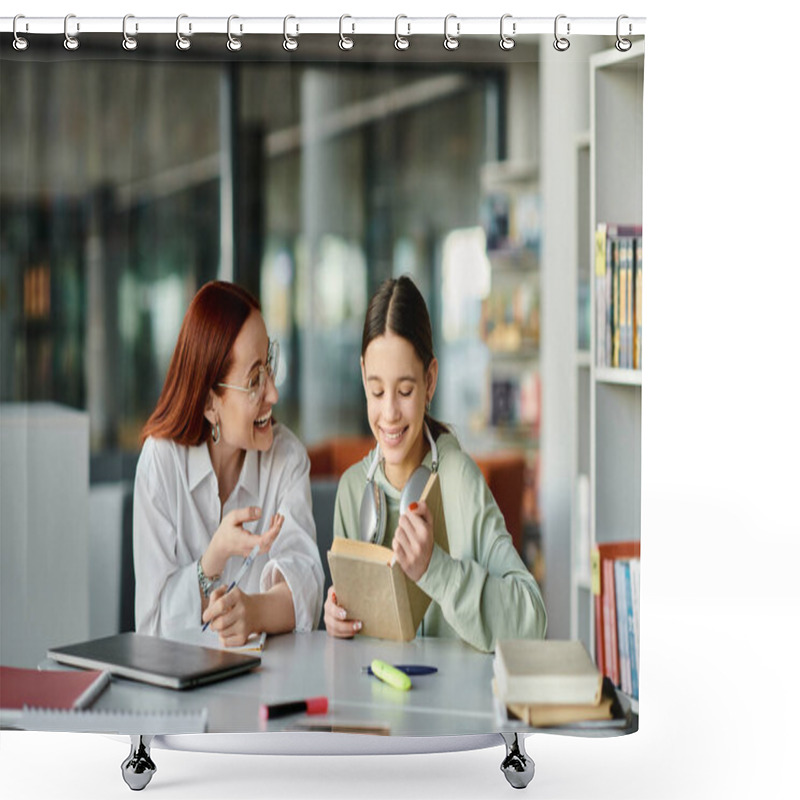 Personality  A Redhead Woman Teaches A Teenage Girl In A Library, Engrossed In After-school Lessons With A Laptop. Shower Curtains