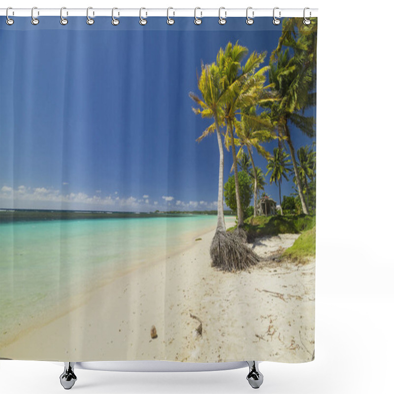 Personality  Summertime Background Of Tropical Island With Coconut Palms And Sea Shower Curtains