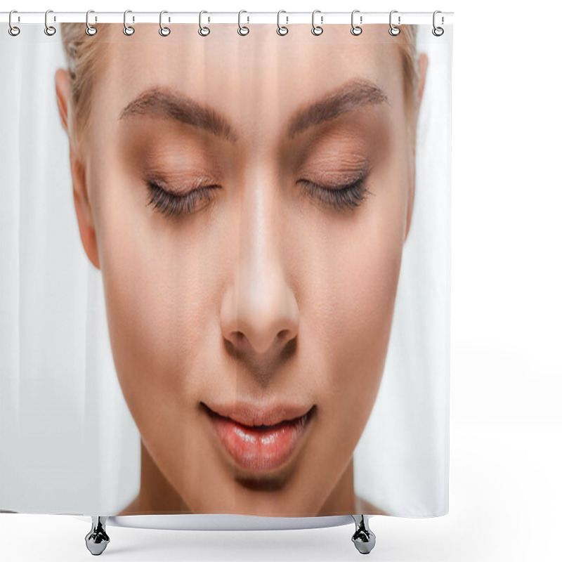 Personality  Attractive Woman With Closed Eyes Isolated On White  Shower Curtains