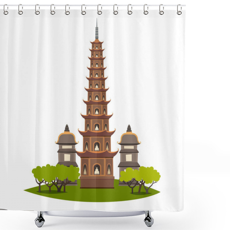 Personality  Thien Mu Pagoda Vector Sign. Pagoda In Vietnam, Historic Sight Attraction. Flat Cartoon Style Vietnamese Traditional Cultural Symbols Isolated On White Background Shower Curtains