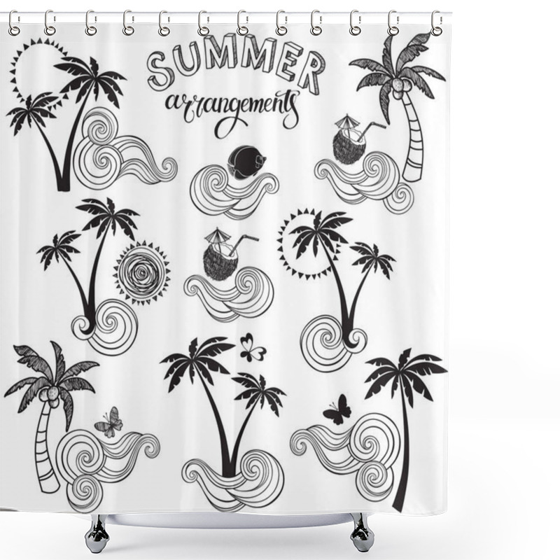 Personality  Words Summer Arrangements With Palms And Cocktails On White Background  Shower Curtains