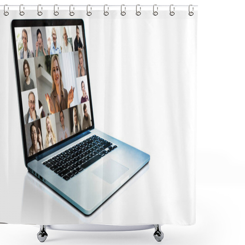 Personality  Many Portraits Faces Of Diverse Young And Aged People Webcam View, While Engaged In Videoconference On-line Meeting Lead By Businessman Leader. Group Video Call Application Easy Usage Concept Shower Curtains