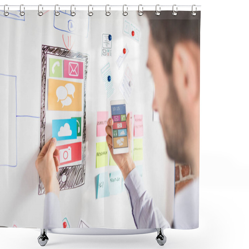 Personality  Designer Man Drawing Website Ux App Development And Holding Smart Phone In Hand Shower Curtains