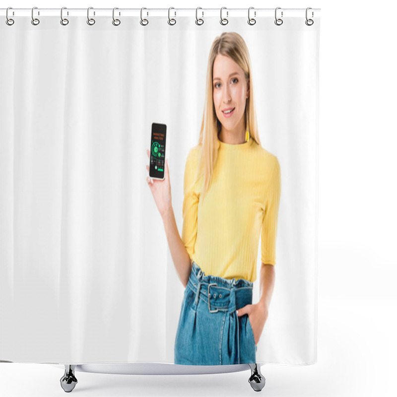 Personality  Attractive Young Woman Holding Smartphone With Marketing Analysis App And Smiling At Camera Isolated On White Shower Curtains