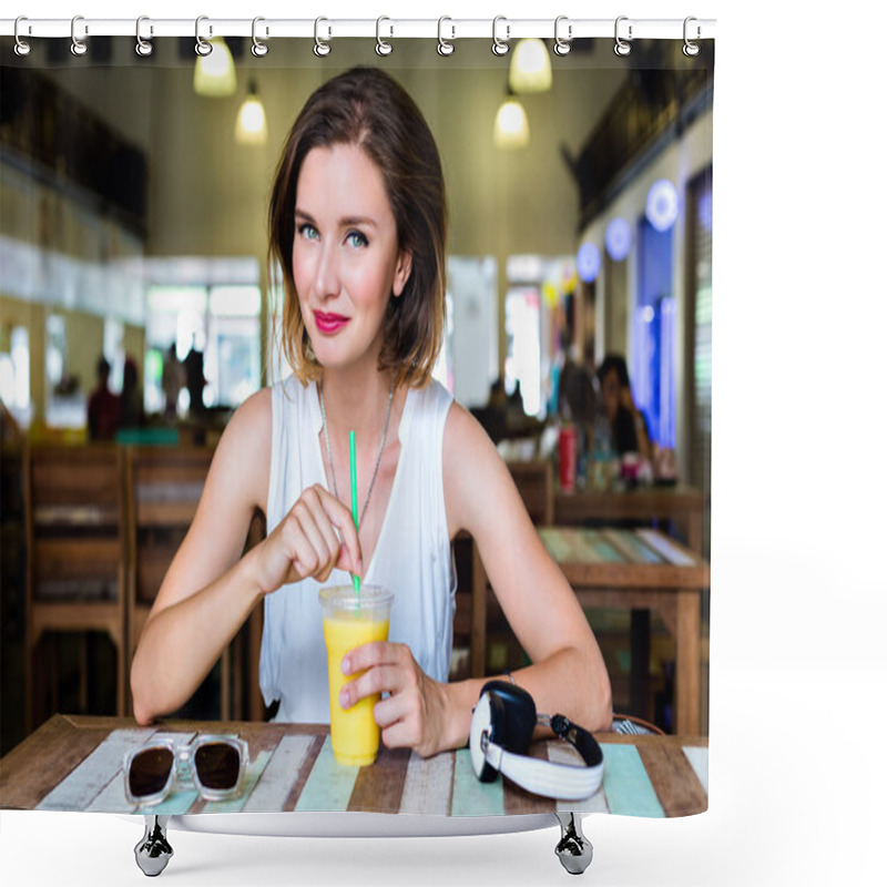 Personality  Beautiful Woman Posing At Cafe Shower Curtains