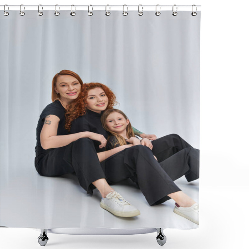 Personality  Redhead Family In Matching Outfits Hugging And Sitting Together On Grey Backdrop, Three Generations Shower Curtains