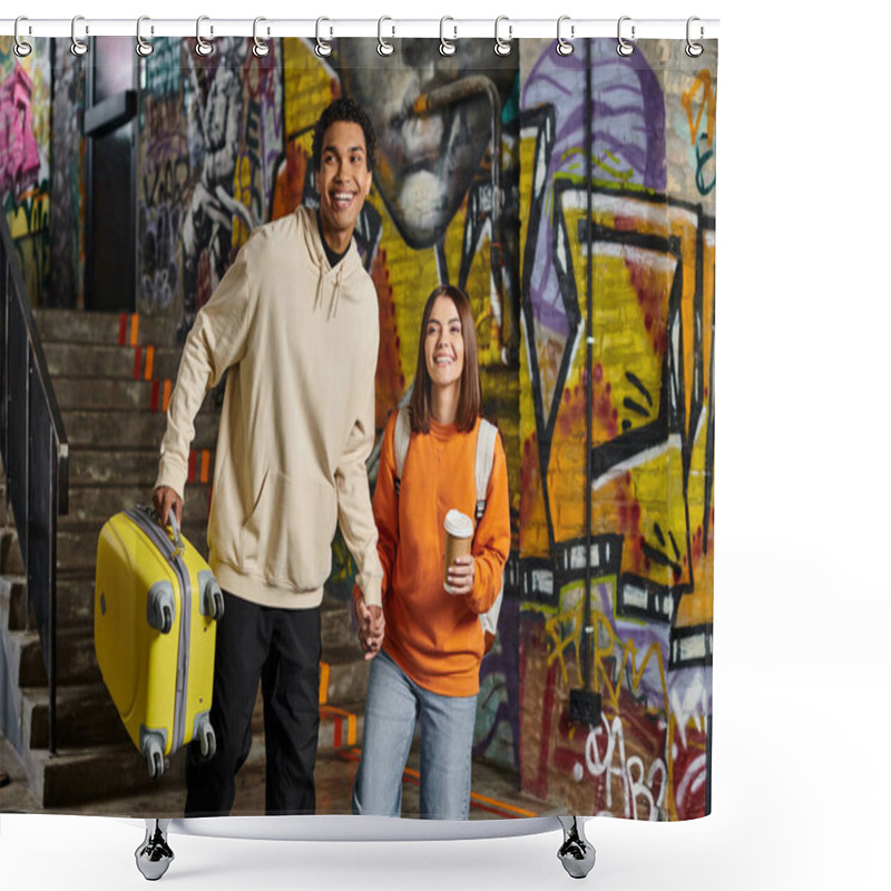 Personality  Diverse Couple Holding Hands And Smiling With A Yellow Luggage In A Graffiti-painted Wall, Hostel Shower Curtains