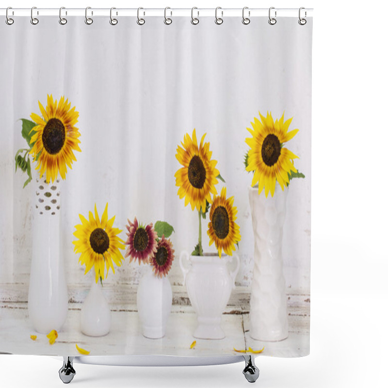 Personality  Sunflowers In Vases On Old White Background Shower Curtains