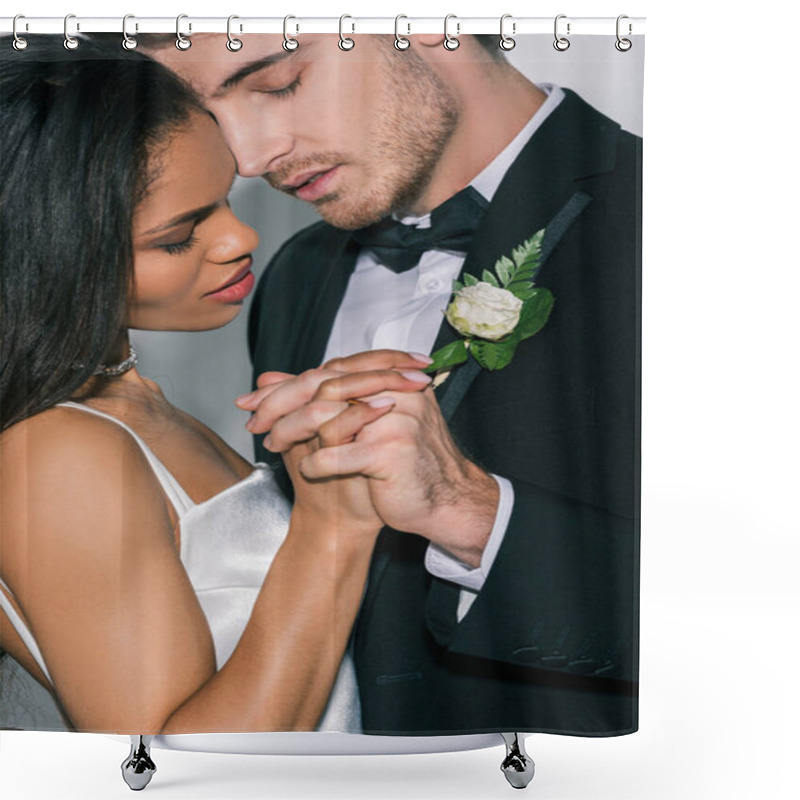 Personality  Young Interracial Newlyweds Holding Hands While Standing Face To Face With Closed Eyes On White Background Shower Curtains