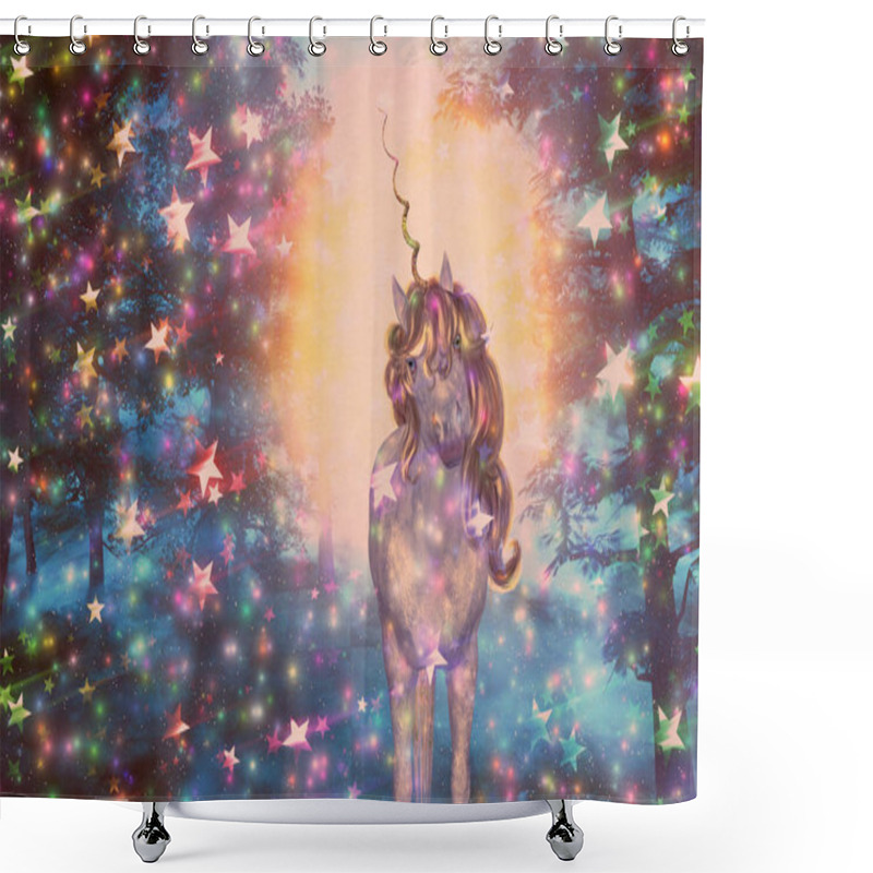 Personality  White Unicorn In The Night Fantasy Forest, 3d Illustration. Shower Curtains