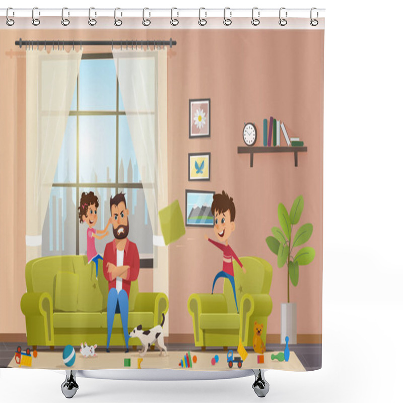 Personality  Mad Father At Home With Naughty Children Vector Shower Curtains