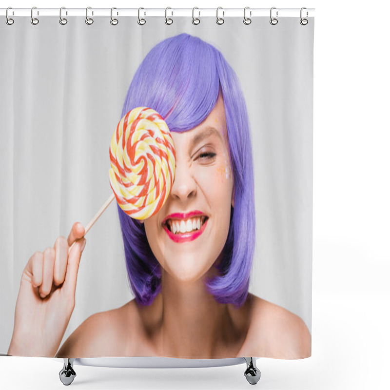 Personality  Cheerful Girl In Purple Wig Holding Sweet Lollipop, Isolated On Grey Shower Curtains