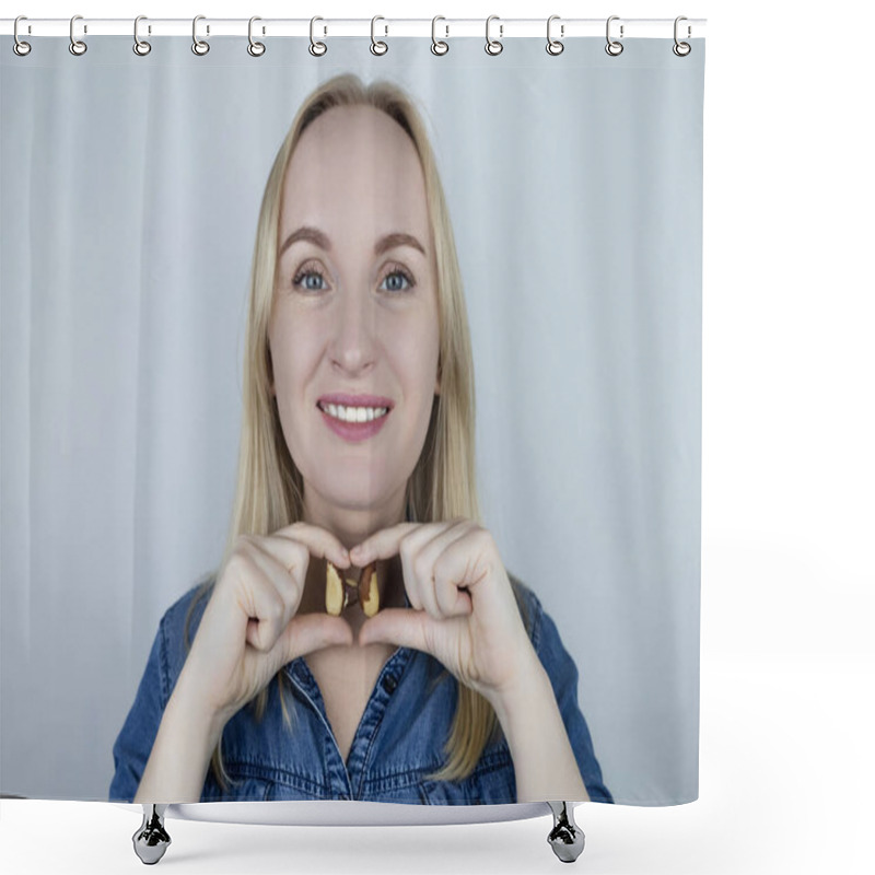 Personality  Prevention Of Thyroid Disease. Woman Holding A Brazil Nut In The Shape Of A Thyroid Gland. Nut Rich In Selenium Shower Curtains