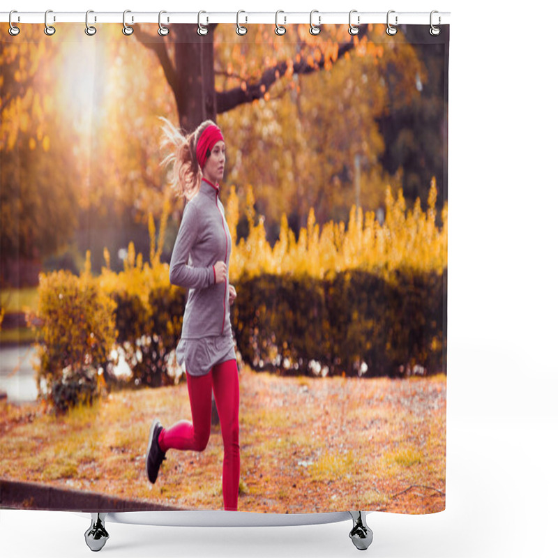 Personality  Young Beautiful Caucasian Woman Jogging Workout Training. Autumn Running Fitness Girl In City Urban Park Environment With Fall Trees Orange. Sunset Or Sunrise Warm Light. Sport Activity In Cold Season Shower Curtains