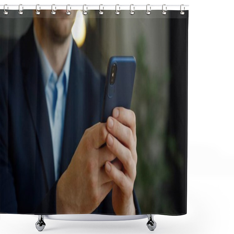 Personality  Close Up Of Smartphone In Hands. Businessman Tapping And Scrolling On Mobile Phone In Office. Shower Curtains