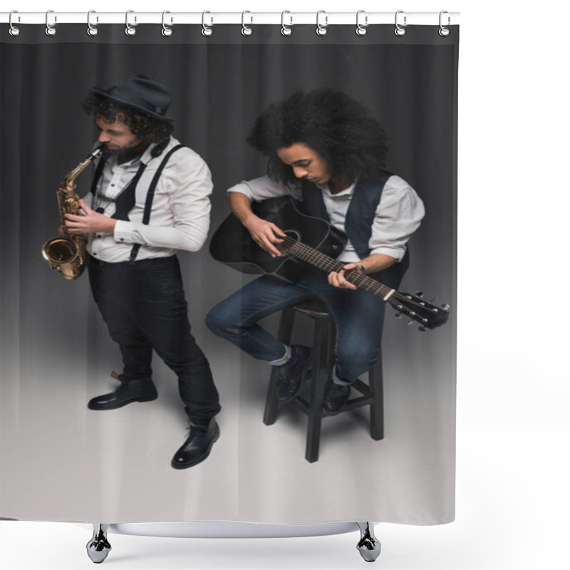 Personality  High Angle View Of Duet Of Musicians Playing Sax And Acoustic Guitar Shower Curtains