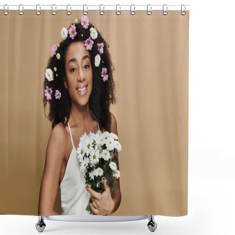 Personality  A Beautiful African American Woman With Flowers In Her Hair And Holding A Bouquet Of White Flowers. Shower Curtains