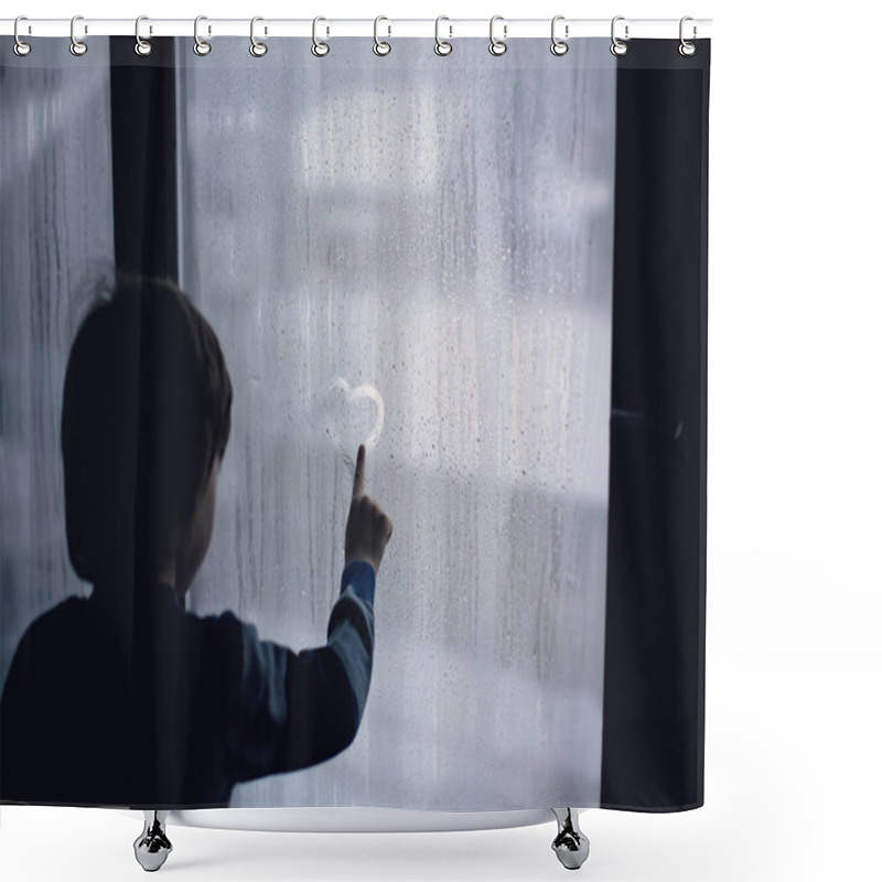 Personality  Little Boy, Leaving Finger Prints And Drawing Hearts On A Window At Home Shower Curtains