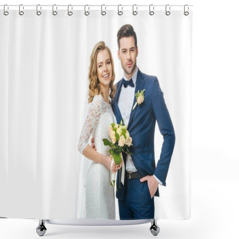 Personality  Portrait Of Smiling Bride With Wedding Bouquet And Groom Isolated On White Shower Curtains