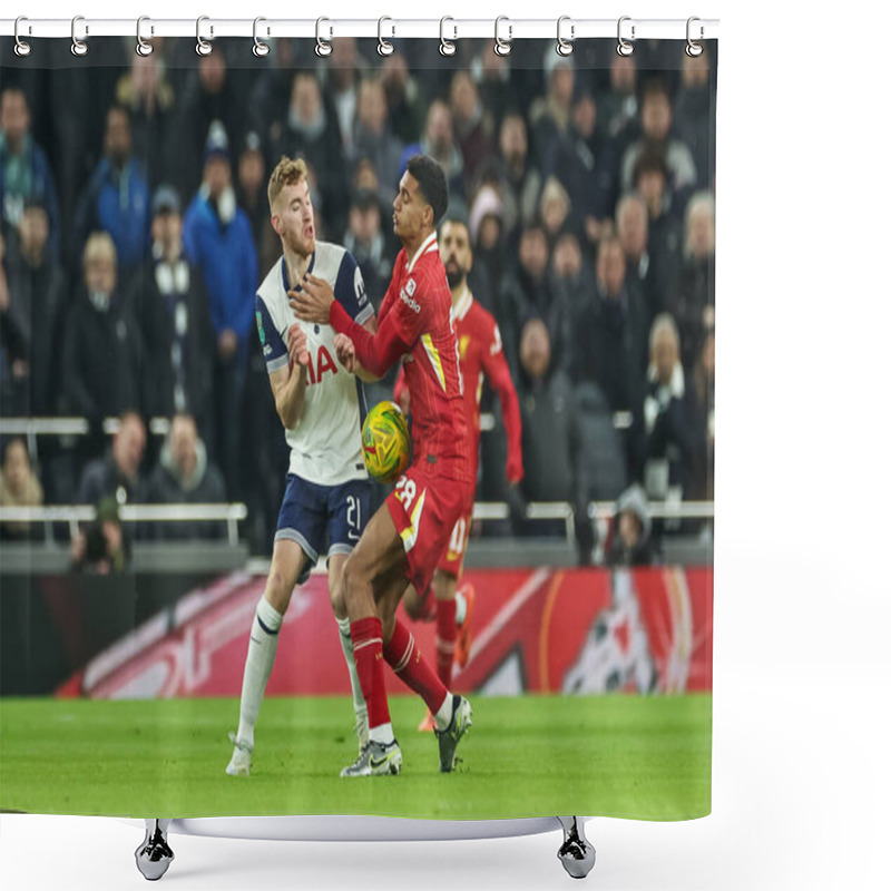 Personality  Dejan Kulusevski Of Tottenham Hotspur And Cody Gakpo Of Liverpool Battle For The Ball During The Carabao Cup Semi-Finals First Leg Tottenham Hotspur Vs Liverpool At Tottenham Hotspur Stadium, London, United Kingdom, 8th January 2025 Shower Curtains