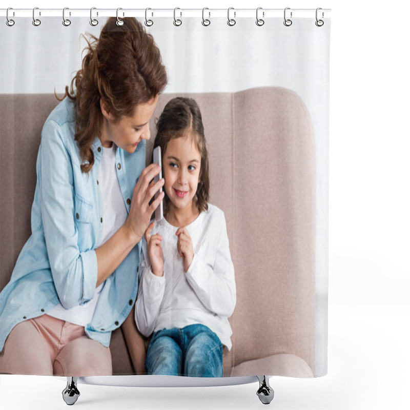 Personality  Mother And Daughter Sitting On Brown Sofa And Talking On Smartphone On White  Shower Curtains