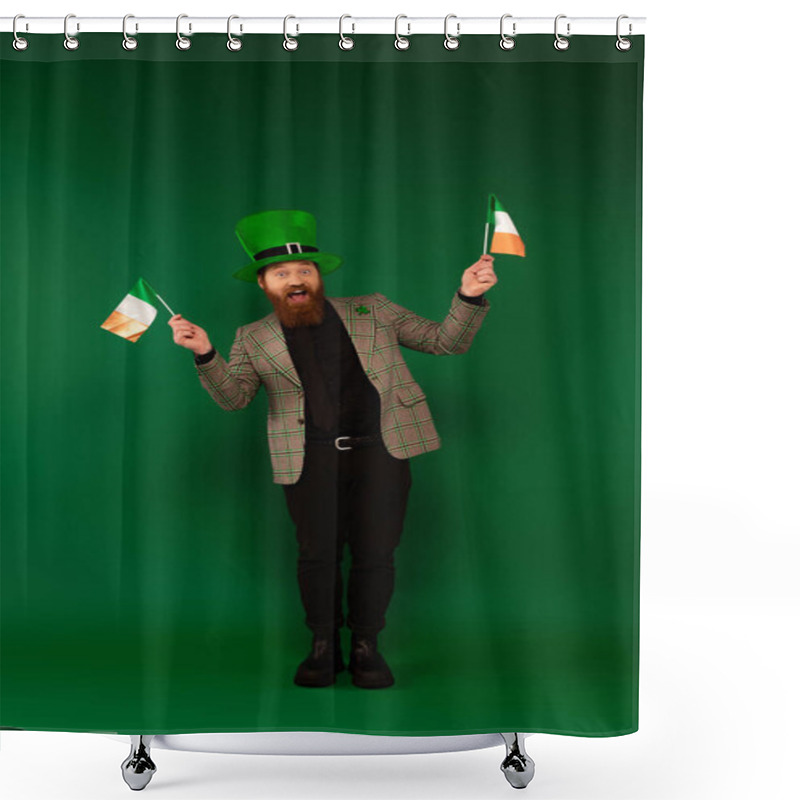 Personality  Full Length Of Cheerful Bearded Man In Hat Holding Irish Flags On Green Background  Shower Curtains