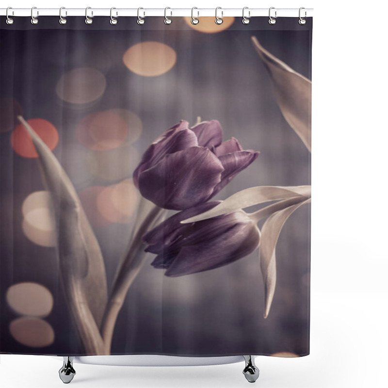 Personality  Beautiful Purple Tulips On A Blurred Background Of Green Leaves. Shower Curtains