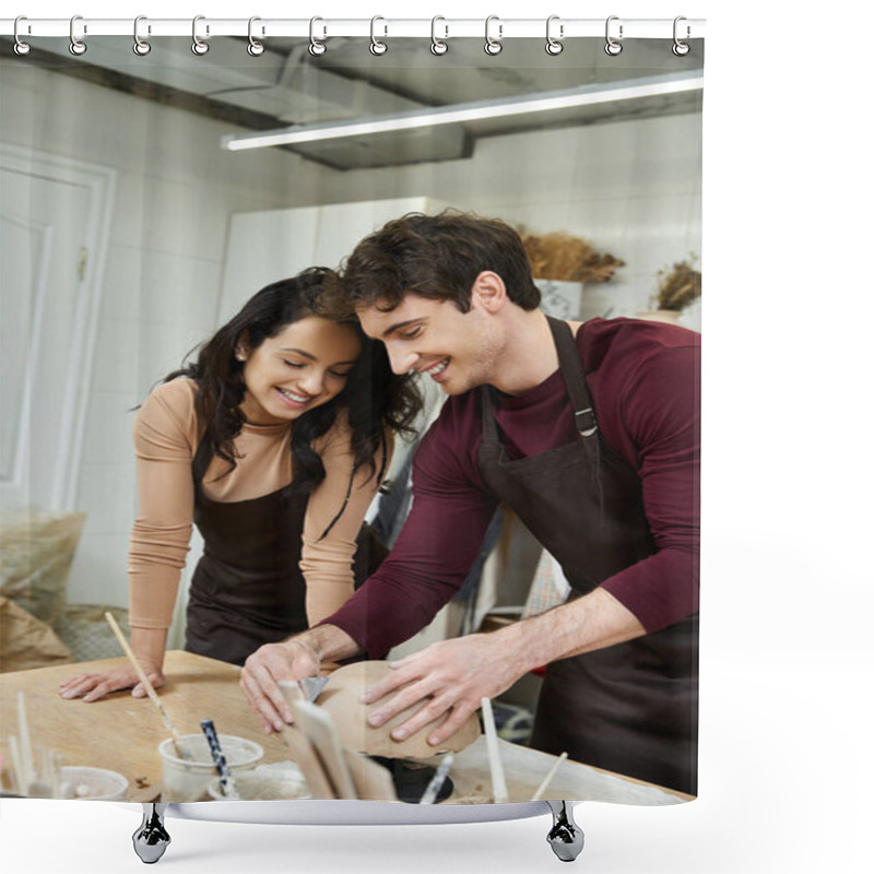 Personality  Two People Share Smiles While Shaping Clay In A Creative Space. Shower Curtains