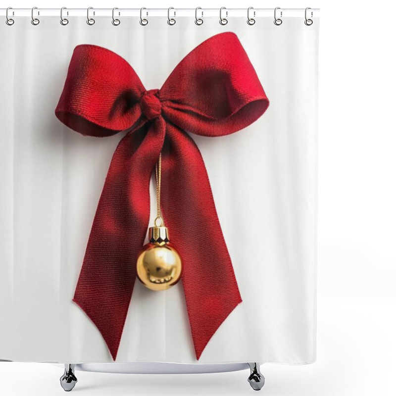 Personality  Elegant Red Ribbon Bow With A Golden Bell For Festive Decorations. Shower Curtains