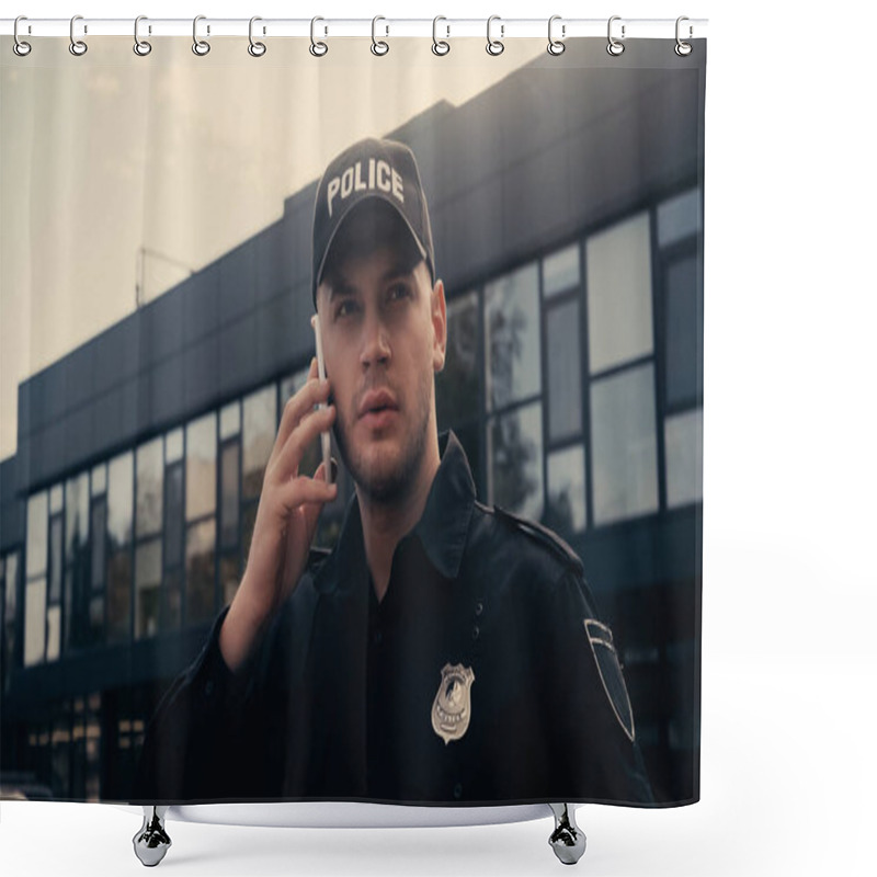 Personality  Serious Policeman In Uniform And Badge Talking On Smartphone On Urban Street   Shower Curtains