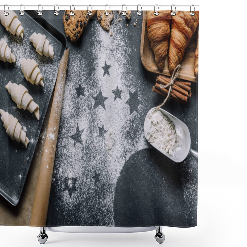 Personality  View From Above Of Tray With Dough For Croissants On Surface Covered By Flour With Symbols Of Stars  Shower Curtains