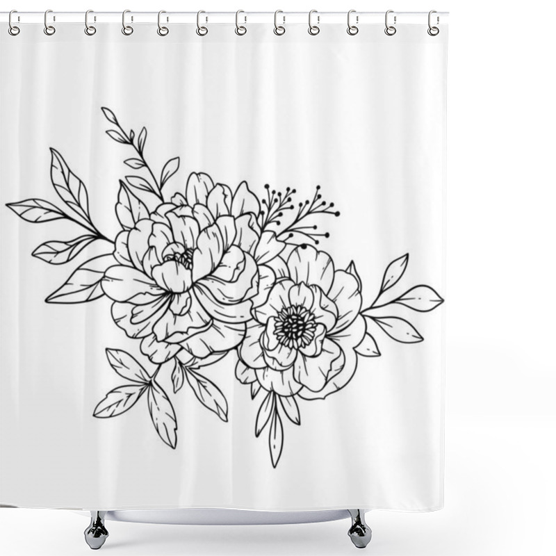 Personality  Peony  Line Art, Fine Line Peony Bouquets Hand Drawn Illustration. Coloring Page With Peony Flowers.  Shower Curtains